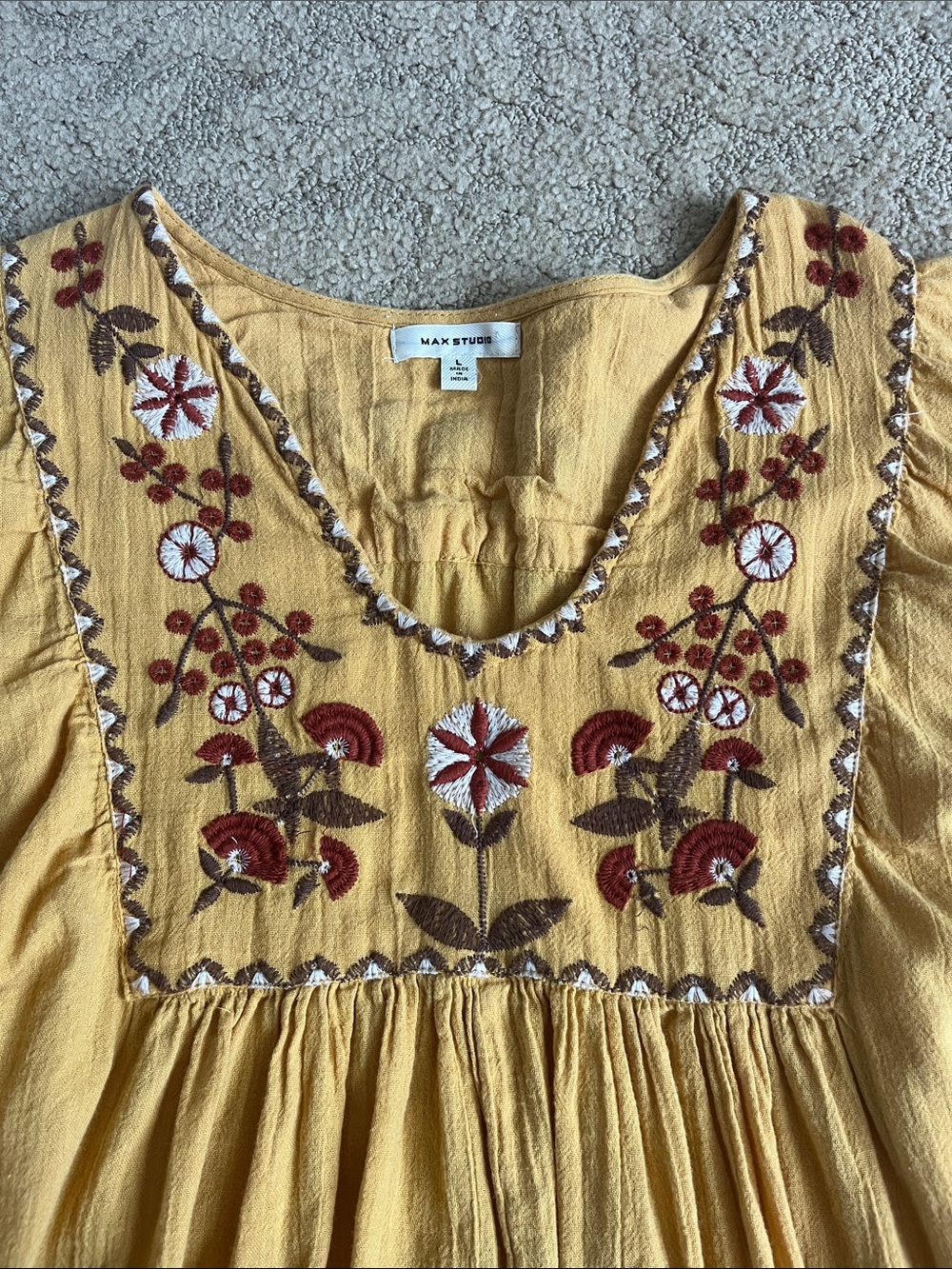 Boho Mustard Embroidered Peasant Top - Brand: Max Studio - Picture 2 of 10